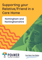 Cover of Nottingham City Supporting your Relative/Friend in a Care Home leaflet – it has a yellow background and a photo of a man looking deep in thought