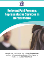 Cover of the POhWER Hertfordshire RPPR Leaflet; it has a turquoise background and a photo of a young man talking to a woman