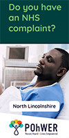 Cover of the North Lincolnshire NHS Health Complaints Advocacy Leaflet. The cover is dark green and has a photo of a man laying in a hospital bed looking sad.