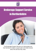 Cover of POhWER Hertfordshire Brokerage Advocacy Leaflet – it has a purple background and a photo of a smiling young woman on a phone call