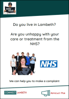 Front Cover of the Lambeth Connect Independent Health Complaints Advocacy Leaflet (easy read version) The cover features a photo of a woman with a learning disability surrounded by health workers and the NHS logo. 