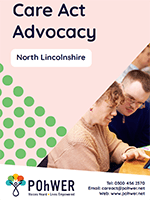 Front cover of the North Lincolnshire Care Act Advocacy leaflet. It has a light pink background and a photo of a man and women looking at screen together.