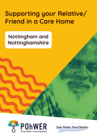 Cover of Nottingham City Supporting your Relative/Friend in a Care Home leaflet – it has a yellow background and a photo of a man of colour with a large white beard