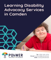 Front cover of the Camden Learning disability Advocacy Services Leaflet. this leaflet is navy and features a photo of a woman with curly har wearing a red top and holding a pencil.