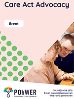 Cover of the Brent Care Act Advocacy Leaflet. It has a light pink background and a photo of a man and women looking at screen together.