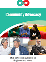 Cover of Sussex Advocacy Partnership Community Advocacy leaflet – it has a light green background with a collage containing photos of six people