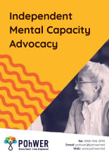 Front Cover of the Independent Mental Capacity  Advocacy Leaflet. this leaflet is yellow and features a photo of an older woman speaking.