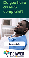 Cover of the Calderdale Independent Health Complaints Advocacy Leaflet. The cover is dark green and has a photo of a man laying in a hospital bed looking sad.