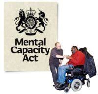 A picture of someone sitting with their carer in front of a document called mental capacity act.